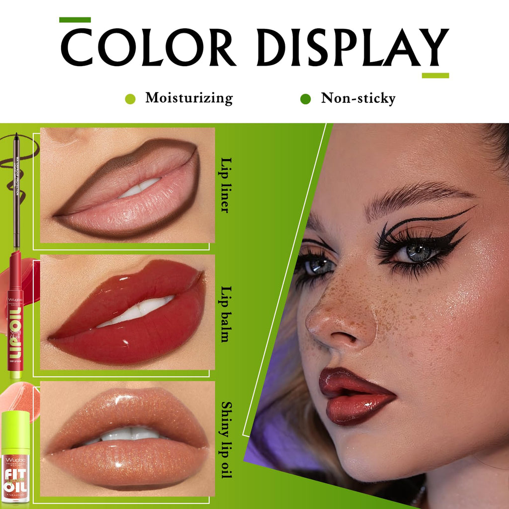 Wugbc Brown Lip Liner Glitter Lip Gloss Oil Click Lip Balm | Hydrating Lip Kit Set
