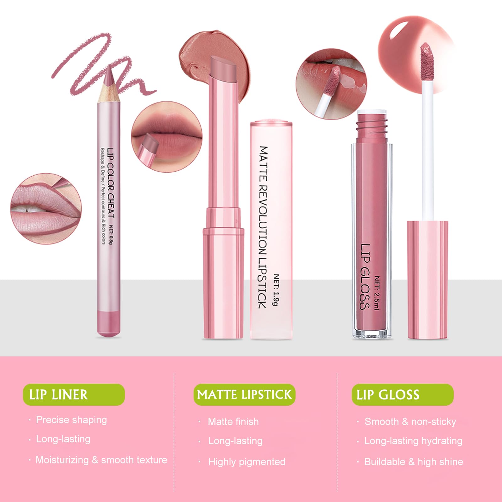 Wugbc Nude Pink Lip Kit – Matte Lipstick, Lip Liner & Gloss Set | High Pigment, Moisturizing & Long-Lasting