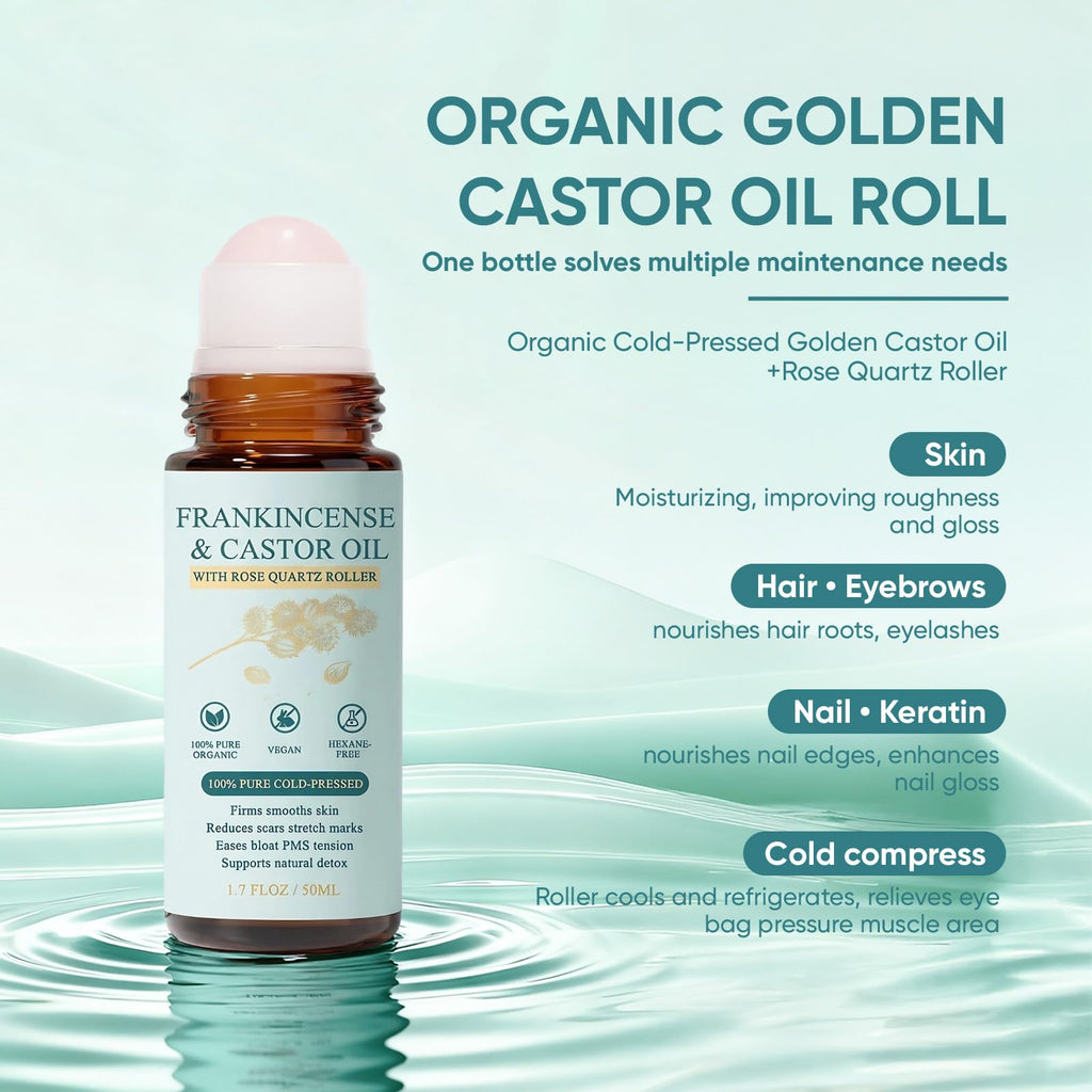 WVJIGE Frankincense & Castor Oil Rose Quartz Roller – Organic Cold-Pressed Castor Oil Roll-On, Removable Rose Quartz, 1.7 fl oz