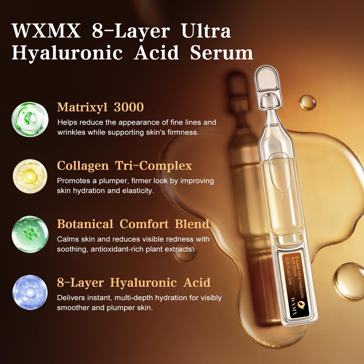 WXMX Ultra Hyaluronic Acid Serum — 8 HA Forms, Matrixyl 3000 & Collagen Tri-Complex, Multi-Layer Hydration (0.05 fl oz x 30 Ampoules)
