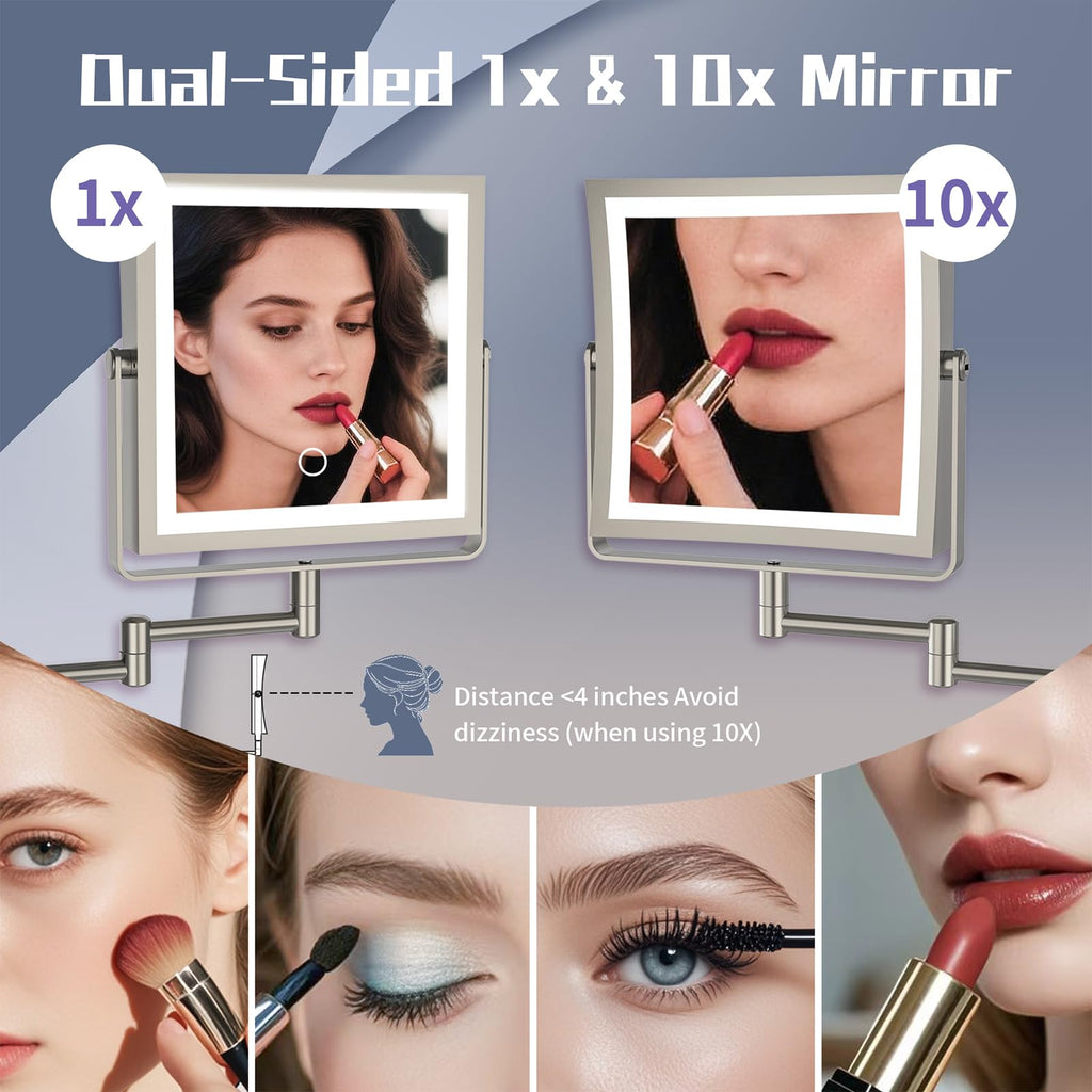 WZRUA Wall Mounted Makeup Mirror with Lights — 4000mAh Rechargeable, 1x/10x Magnification, 3-Color LED, 360° Arm