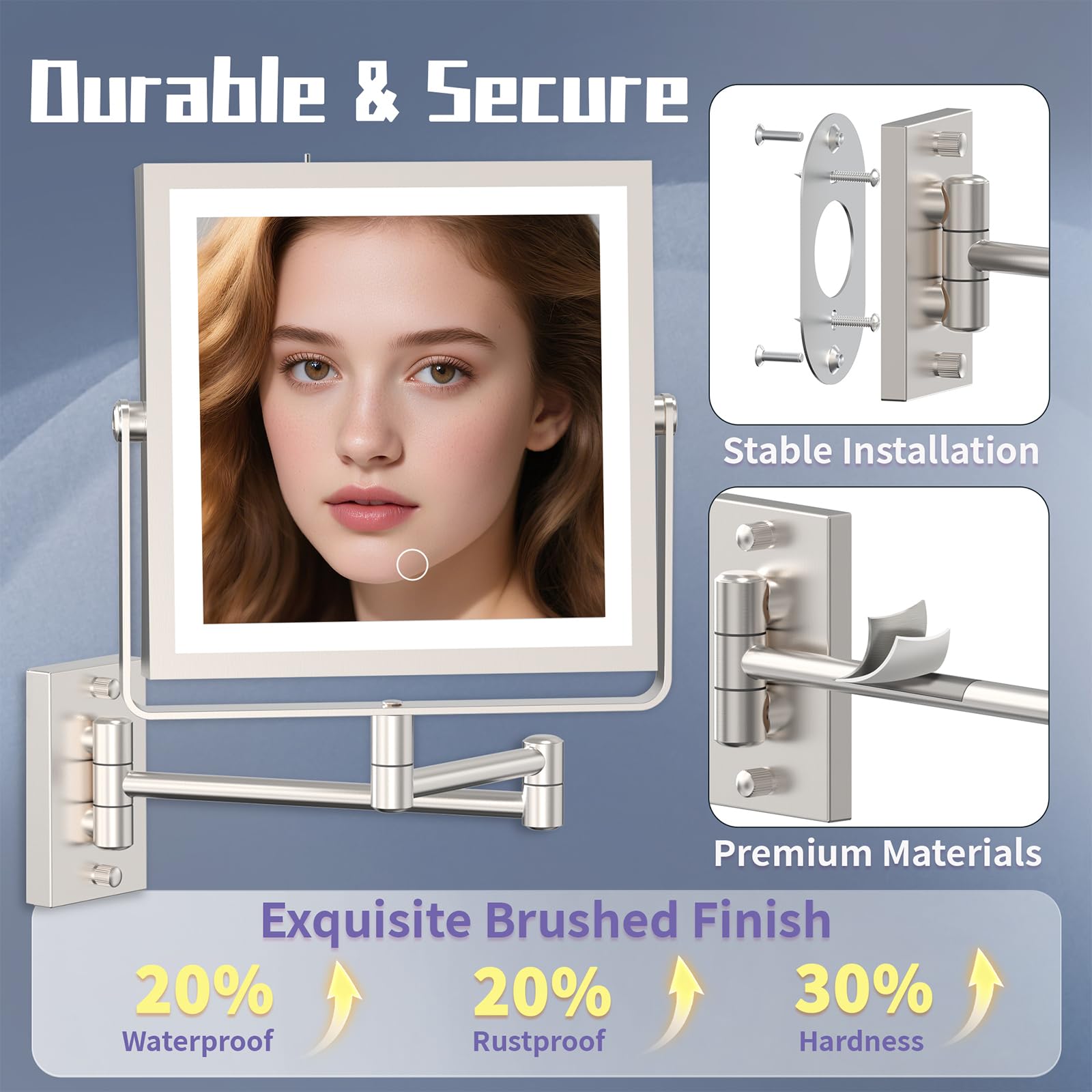WZRUA Wall Mounted Makeup Mirror with Lights — 4000mAh Rechargeable, 1x/10x Magnification, 3-Color LED, 360° Arm