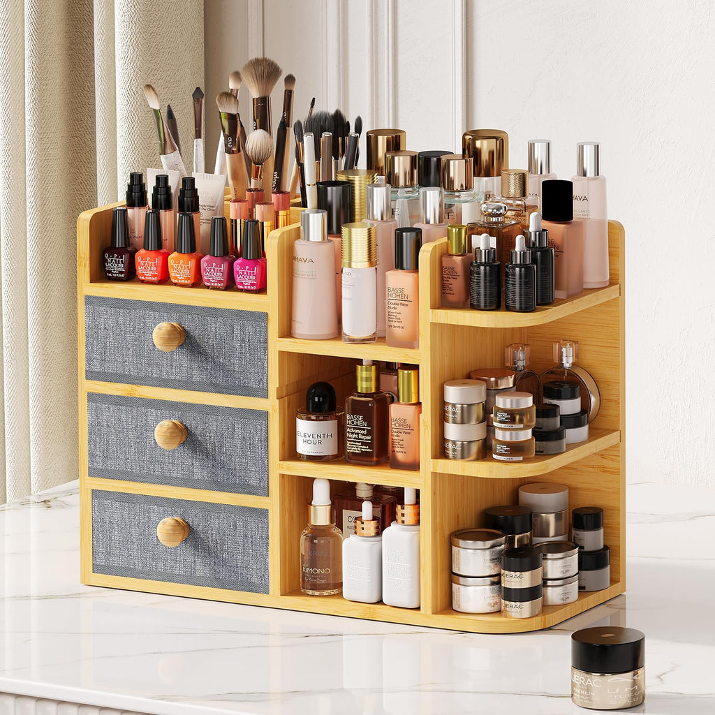 X-cosrack Large Makeup Organizer – 3-Tier Bamboo Vanity & Bathroom Storage