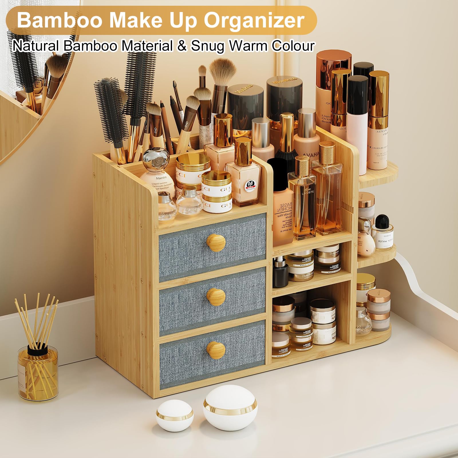 X-cosrack Large Makeup Organizer – 3-Tier Bamboo Vanity & Bathroom Storage