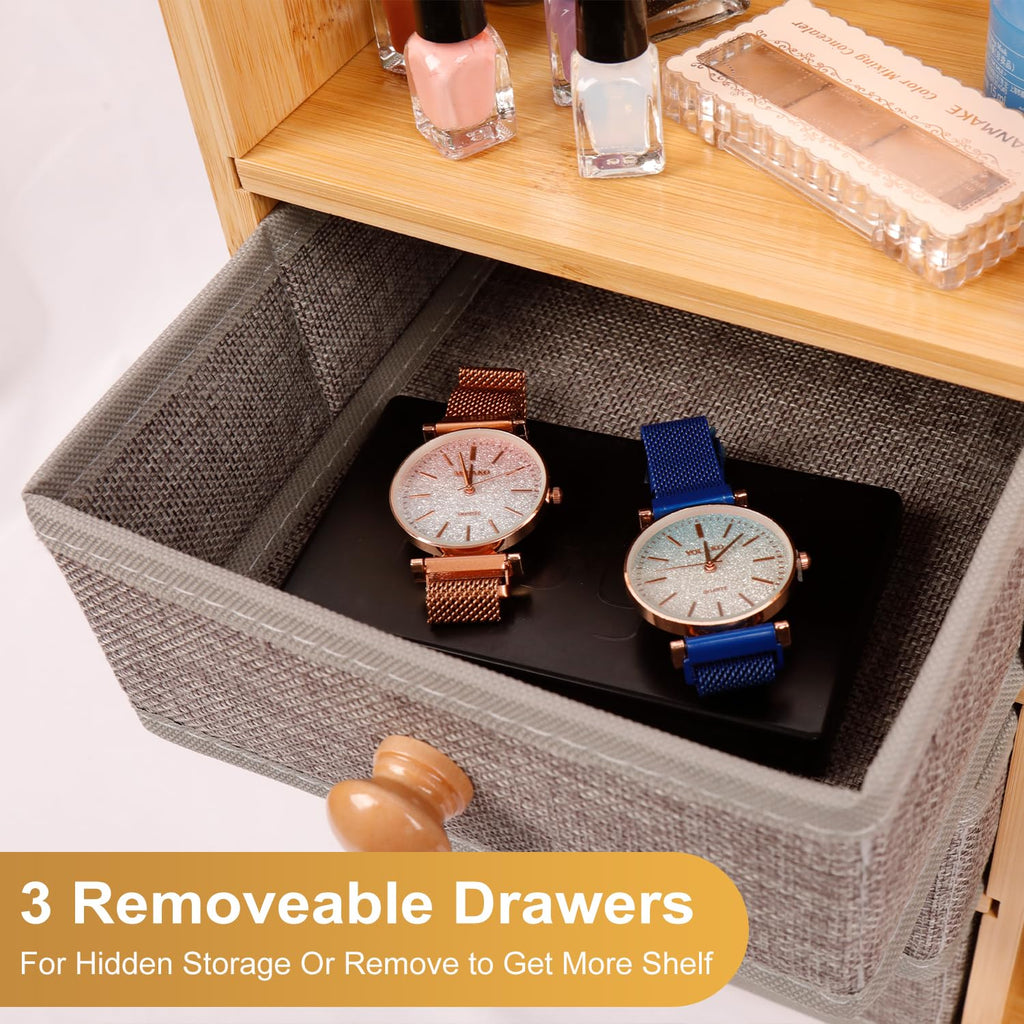 X-cosrack Large Makeup Organizer – 3-Tier Bamboo Vanity & Bathroom Storage