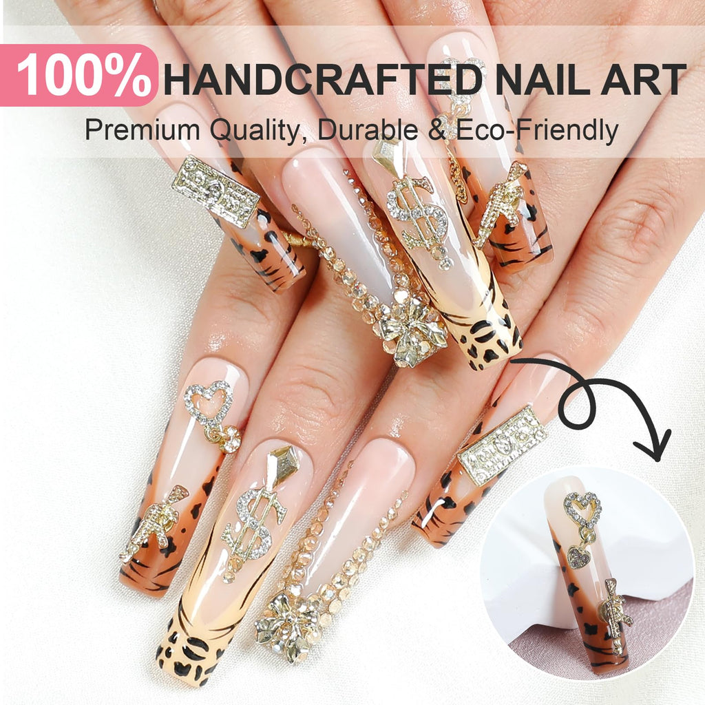 XGV Handmade Press-On Nails Long Square 10pcs – Pink Rhinestones, Reusable