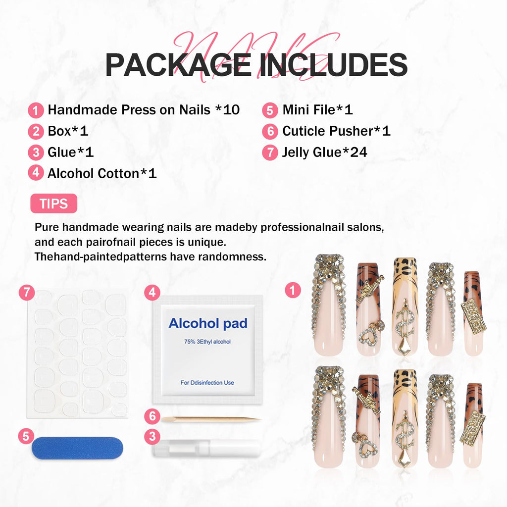 XGV Handmade Press On Nails Long Square – Pink Rhinestones, Reusable Acrylic Nails (10pcs)