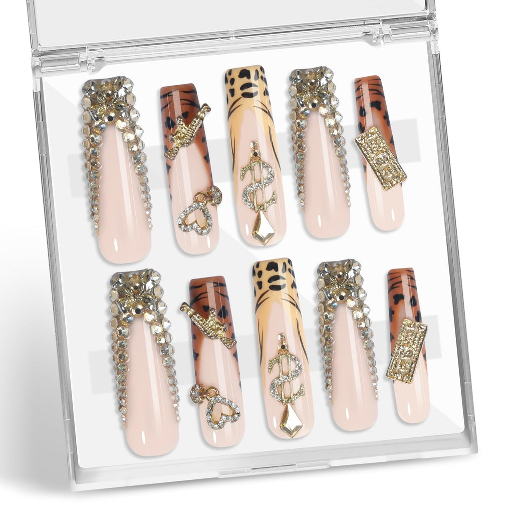 XGV Handmade Press On Nails Long Square – Pink Rhinestones, Reusable Acrylic Nails (10pcs)