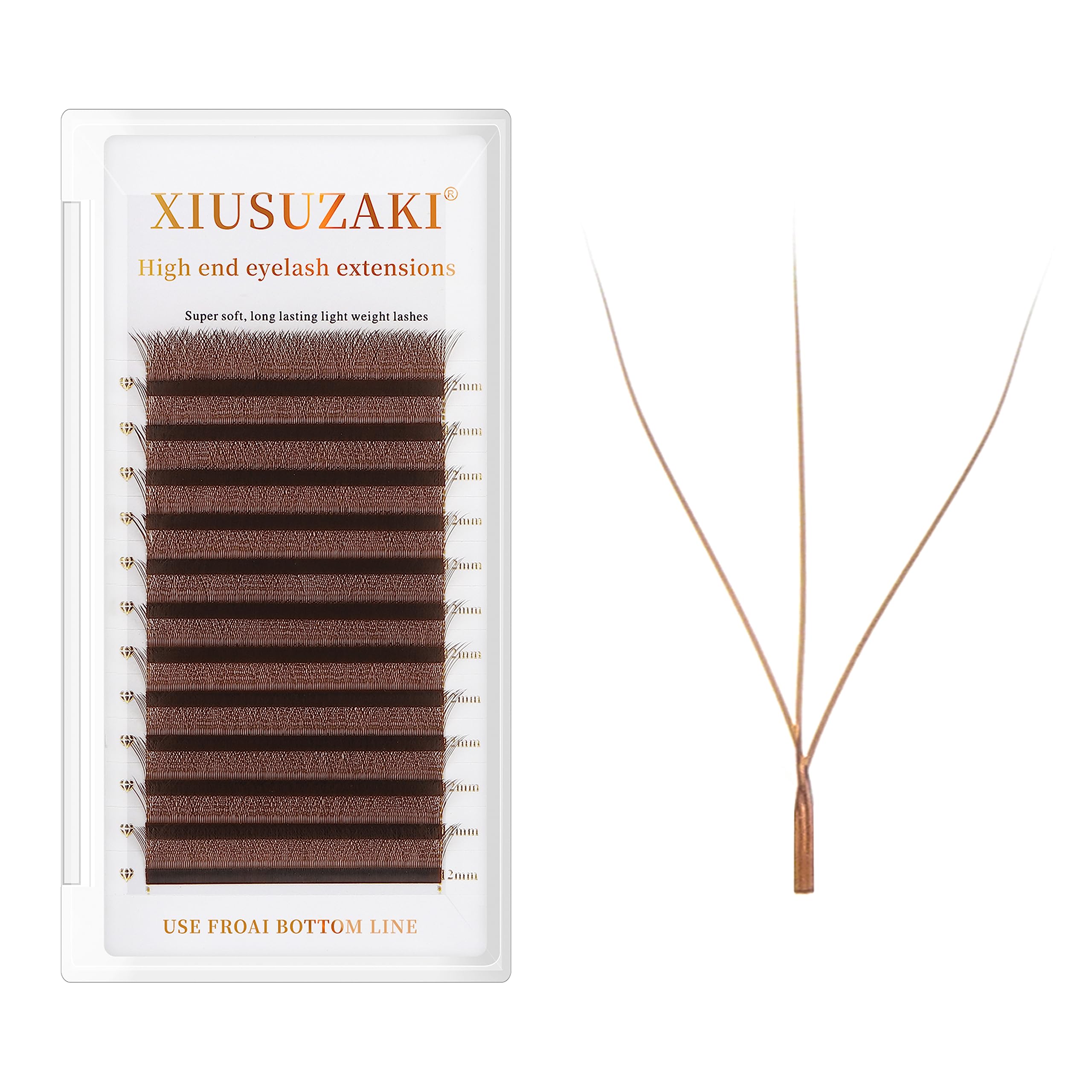 XIUSUZAKI W Lash Extensions – Brown 3D Premade Fans, 0.07mm, C/D Curl, 14mm