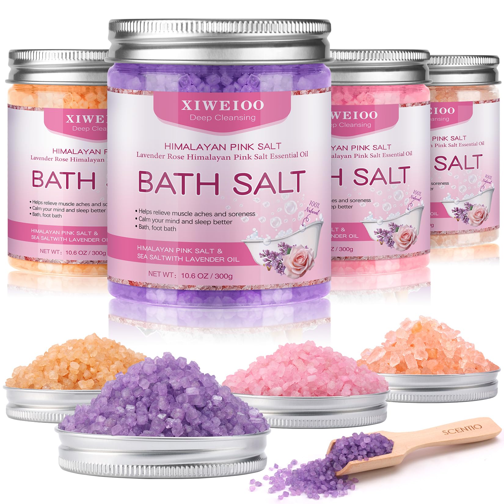 XIWEIOO 4 Pack Bath Salt Kit – Himalayan Pink Salt with Lavender, Orange & Rose Scents