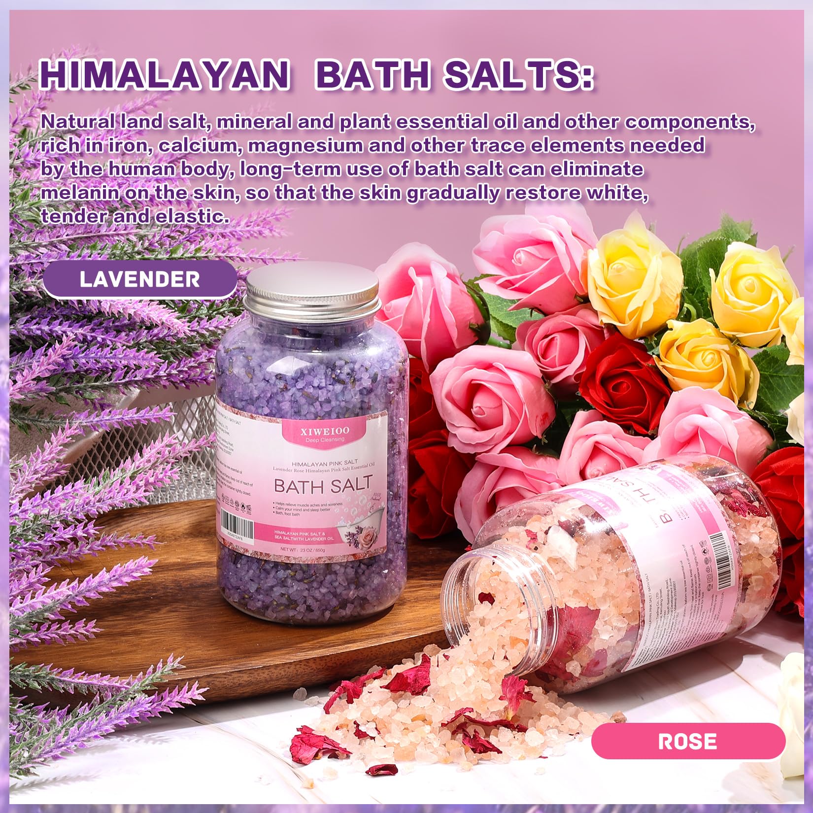 XIWEIOO Bath Salts Kit – Himalayan Pink Salt (46 oz) with Rose & Lavender Oils