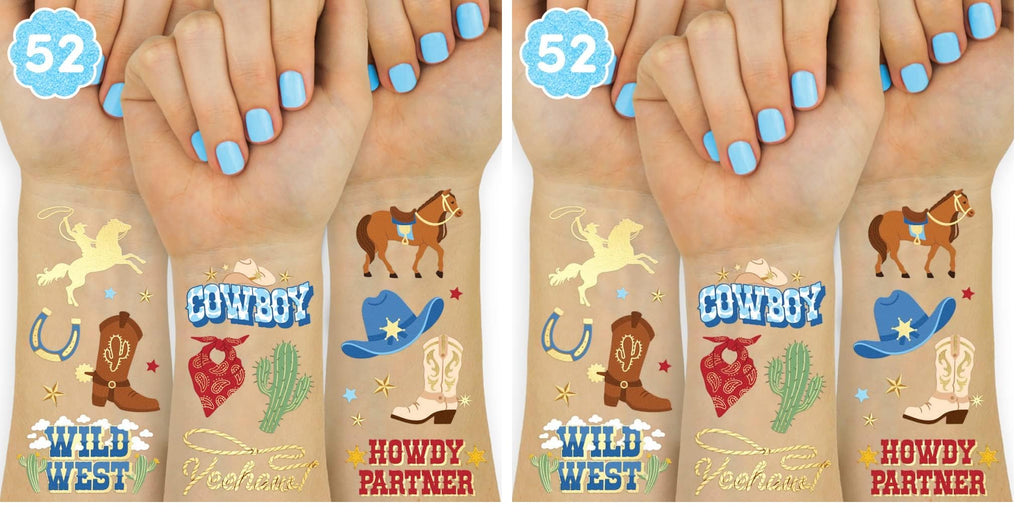 xo, Fetti Cowboy Temporary Tattoos for Kids – 52 Gold Foil Designs (Pack of 2)