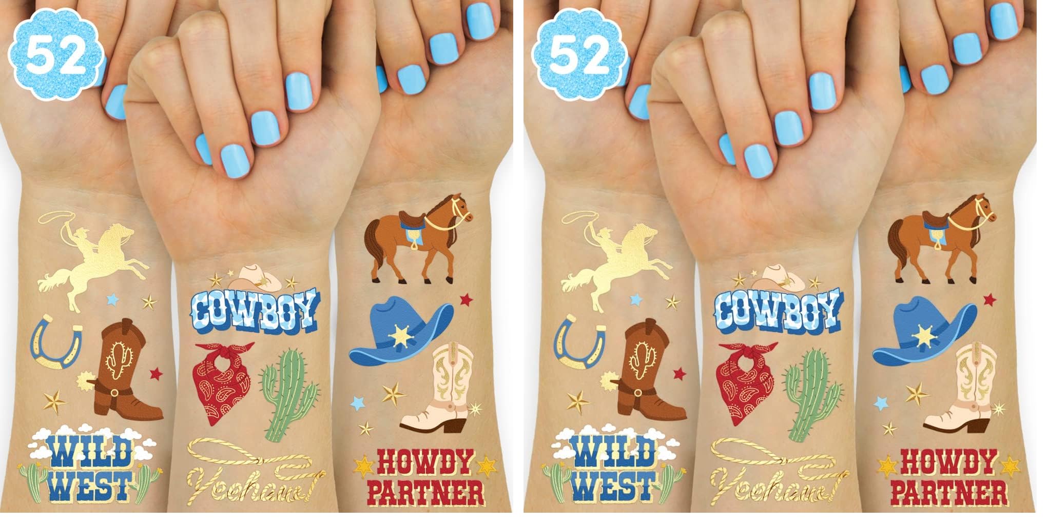 xo, Fetti Cowboy Temporary Tattoos for Kids – 52 Gold Foil Designs (Pack of 2)