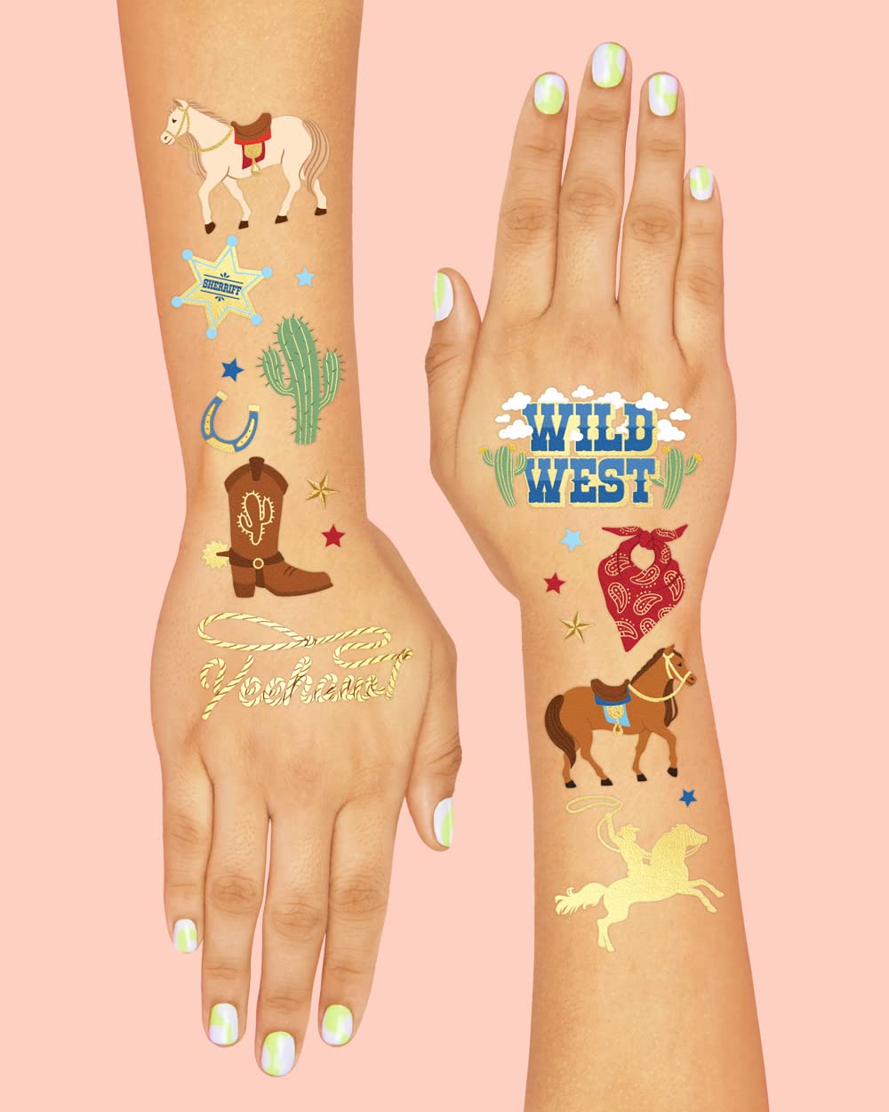 xo, Fetti Cowboy Temporary Tattoos for Kids – 52 Gold Foil Designs (Pack of 2)