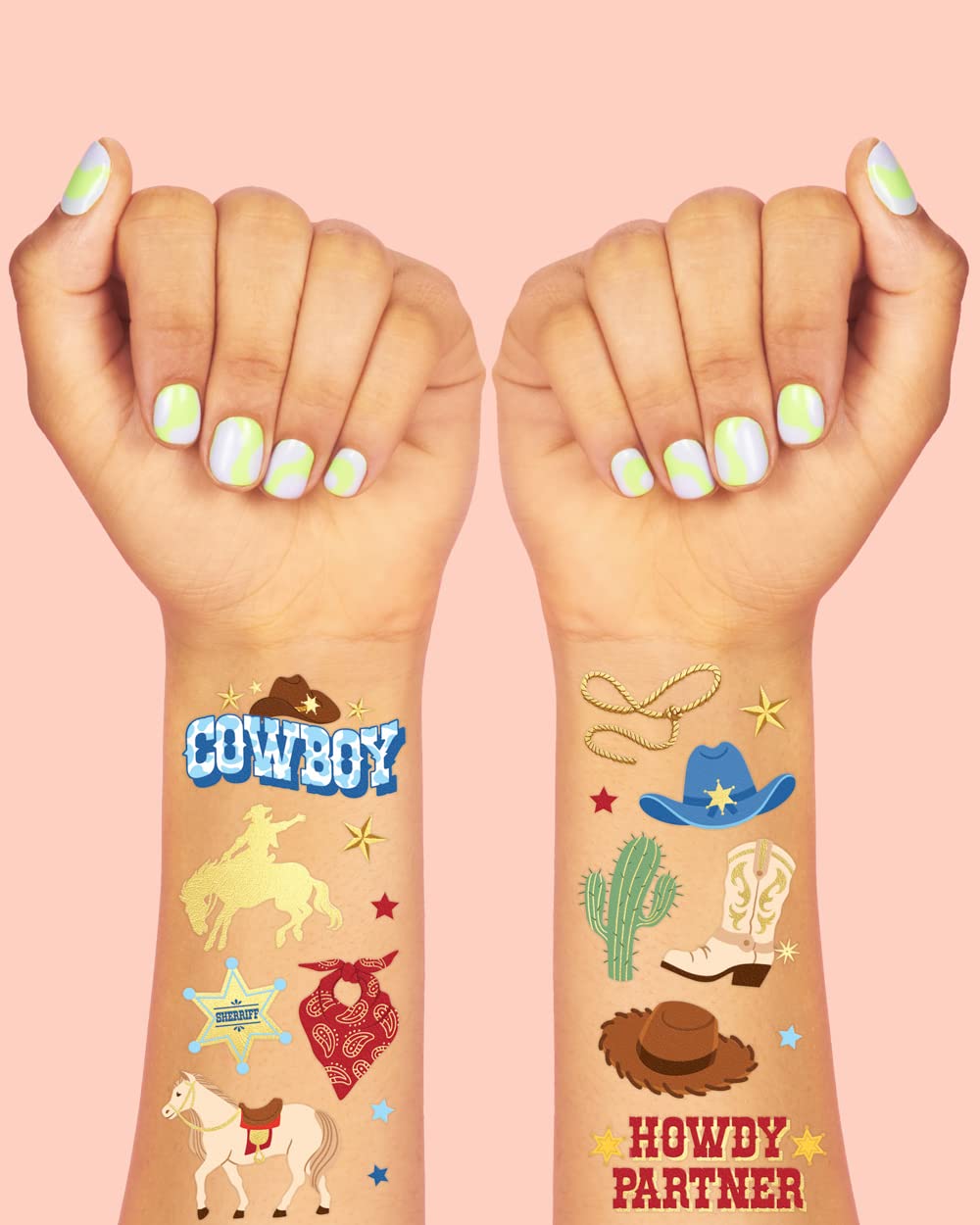 xo, Fetti Cowboy Temporary Tattoos for Kids – 52 Gold Foil Designs (Pack of 2)