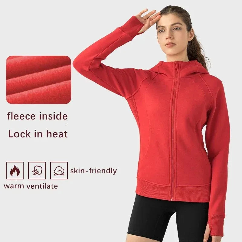 Sports Wear Hoodie Jacket for Women With Thick Zipper - Full Zip Fitness Coat Running Sweater WDQ028