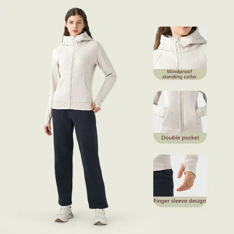 Sports Wear Hoodie Jacket for Women With Thick Zipper - Full Zip Fitness Coat Running Sweater WDQ028