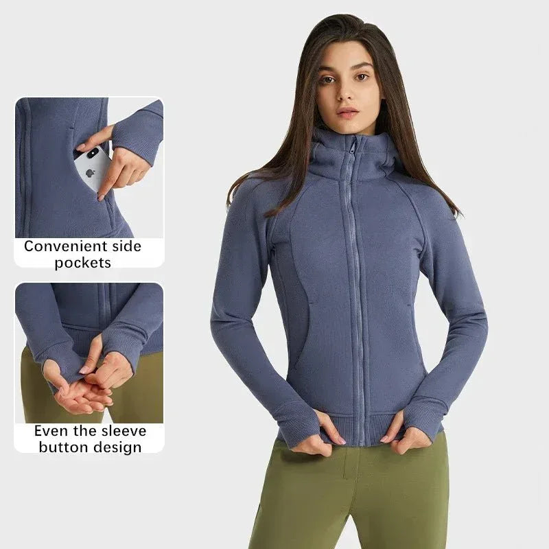 Sports Wear Hoodie Jacket for Women With Thick Zipper - Full Zip Fitness Coat Running Sweater WDQ028