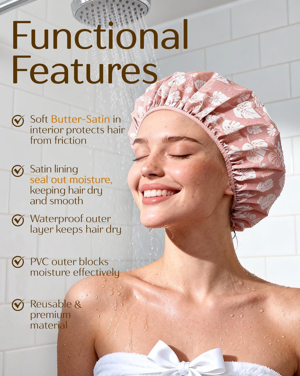 Yanibest Shower Cap for Women - Waterproof 2-Layer Satin Hair Cap for Long Hair and Braids