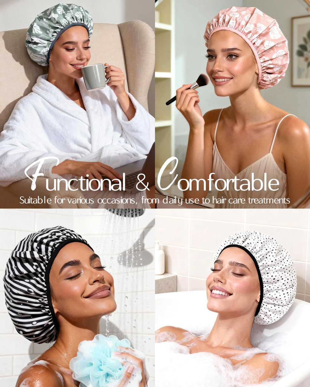 Yanibest Shower Cap for Women - Waterproof 2-Layer Satin Hair Cap for Long Hair and Braids