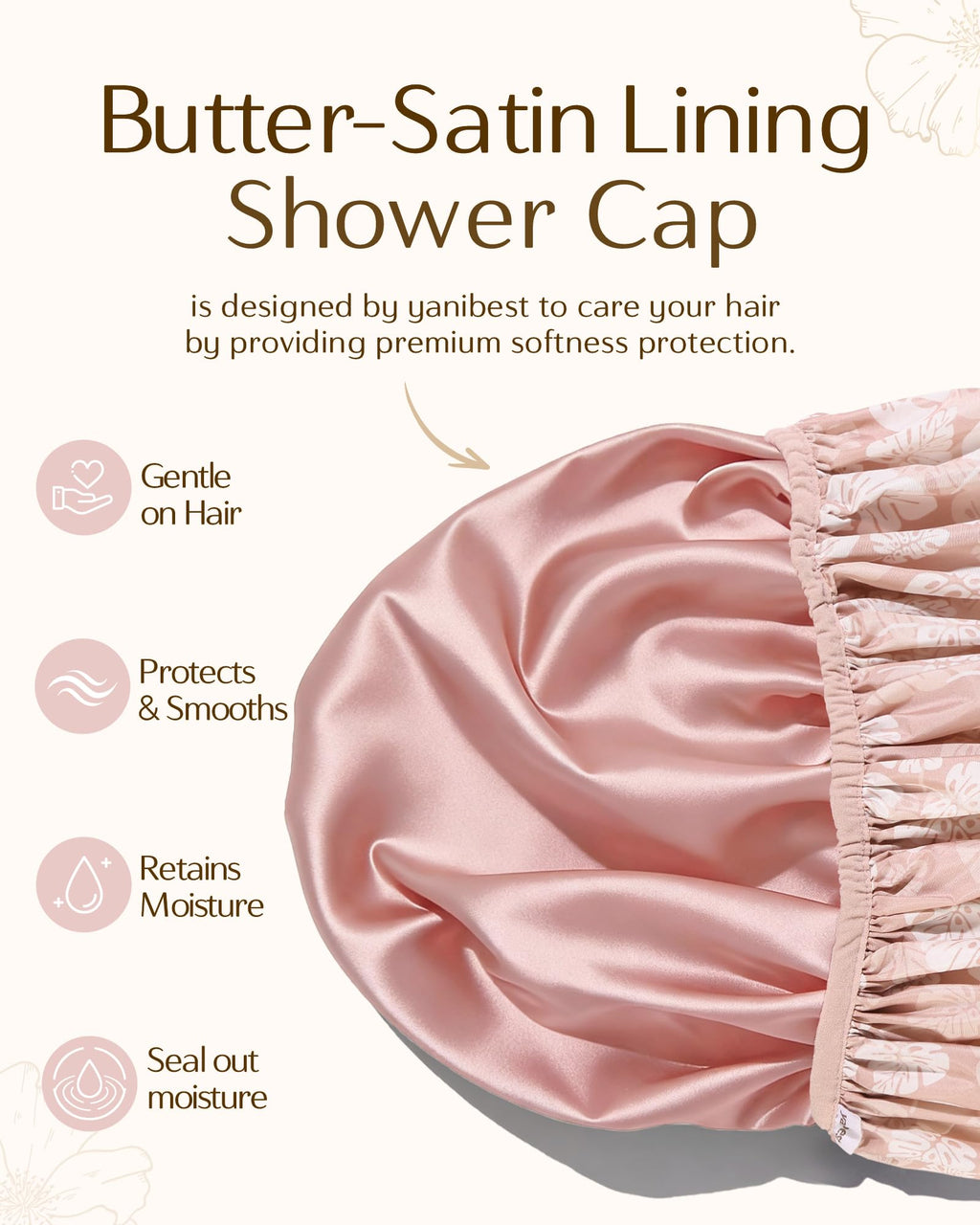 Yanibest Shower Cap for Women - Waterproof 2-Layer Satin Hair Cap for Long Hair and Braids