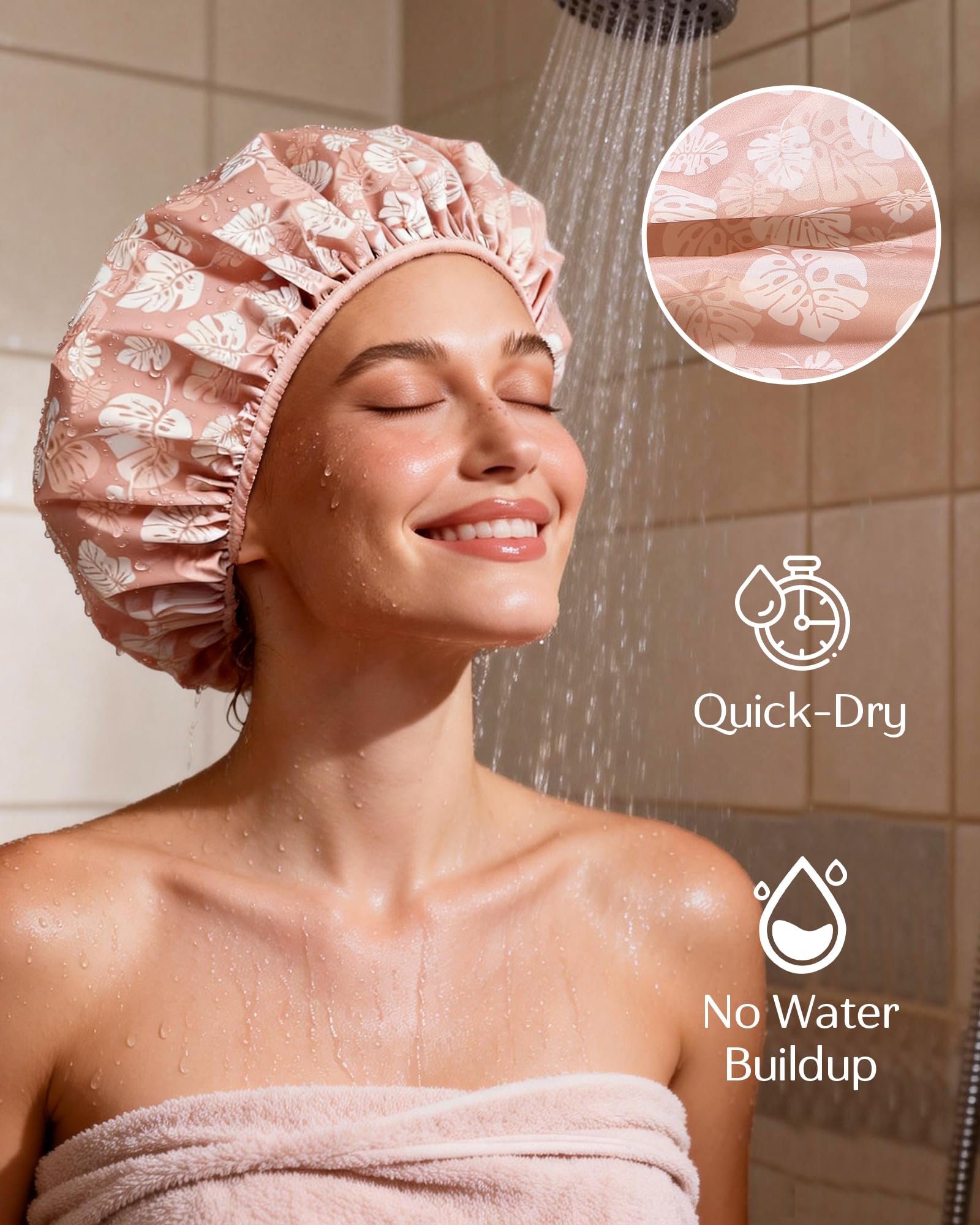 Yanibest Shower Cap for Women - Waterproof 2-Layer Satin Hair Cap for Long Hair and Braids