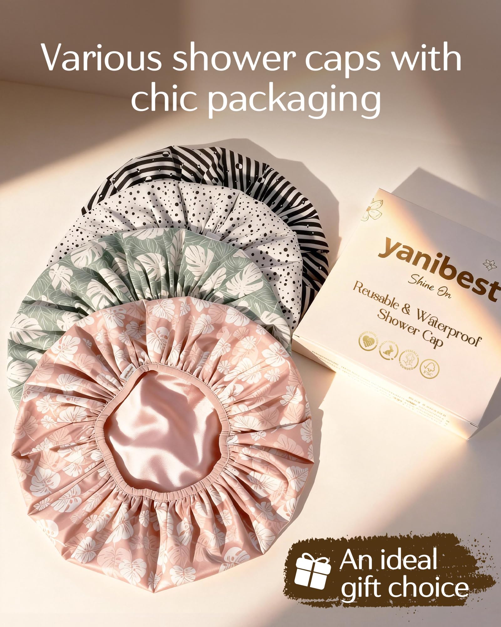 Yanibest Shower Cap for Women - Waterproof 2-Layer Satin Hair Cap for Long Hair and Braids