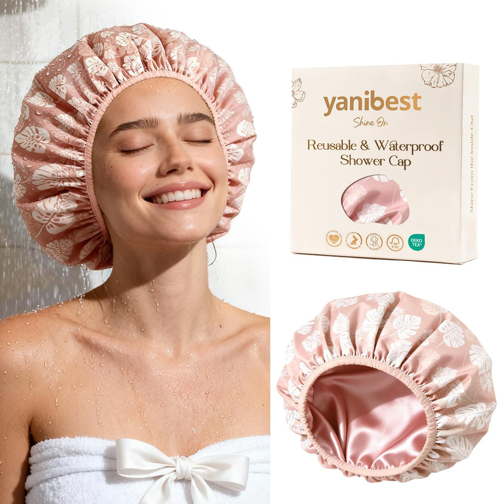Yanibest Shower Cap for Women - Waterproof 2-Layer Satin Hair Cap for Long Hair and Braids