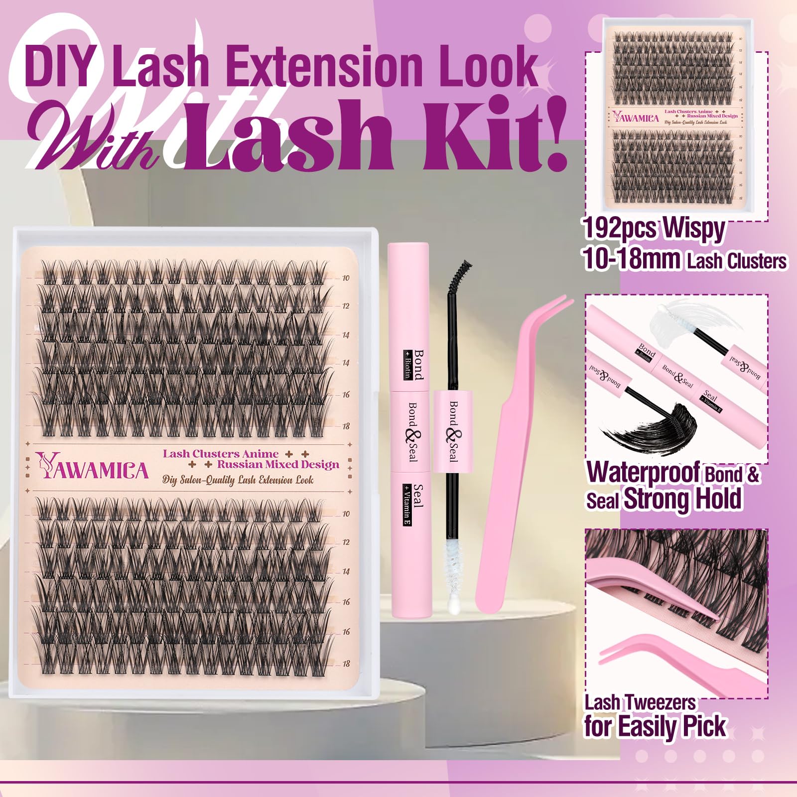 Yawamica Natural Lash Clusters Kit – Wispy DIY Lash Extensions (10-18mm) with Glue & Tweezers