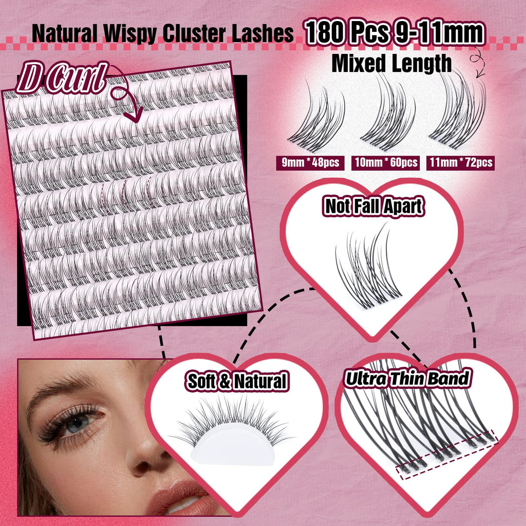 Yawamica Natural Lash Extension Kit – Wispy 9-11mm Clusters, 180pcs with Bond & Seal