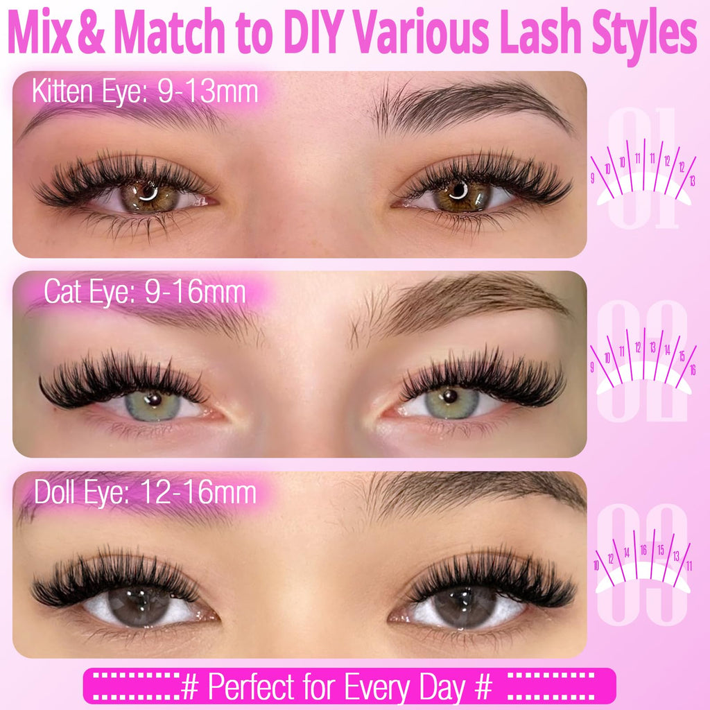Yawamica Lash Clusters Kit 320pcs — DIY D-Curl Lashes 9-16mm with Bond, Seal & Tools