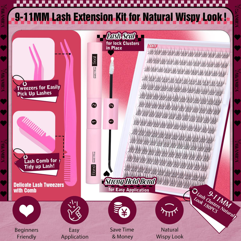 Yawamica Natural Lash Extension Kit – Wispy 9-11mm Clusters, 180pcs with Bond & Seal