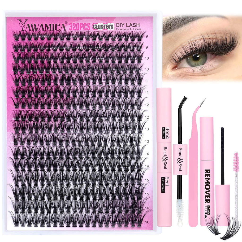 Yawamica Lash Clusters Kit 320pcs — DIY D-Curl Lashes 9-16mm with Bond, Seal & Tools