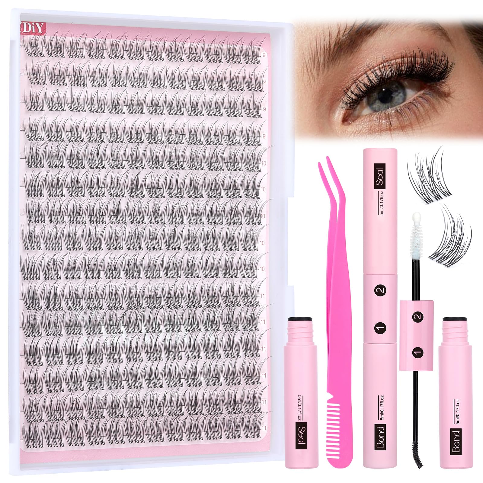 Yawamica Natural Lash Extension Kit – Wispy 9-11mm Clusters, 180pcs with Bond & Seal