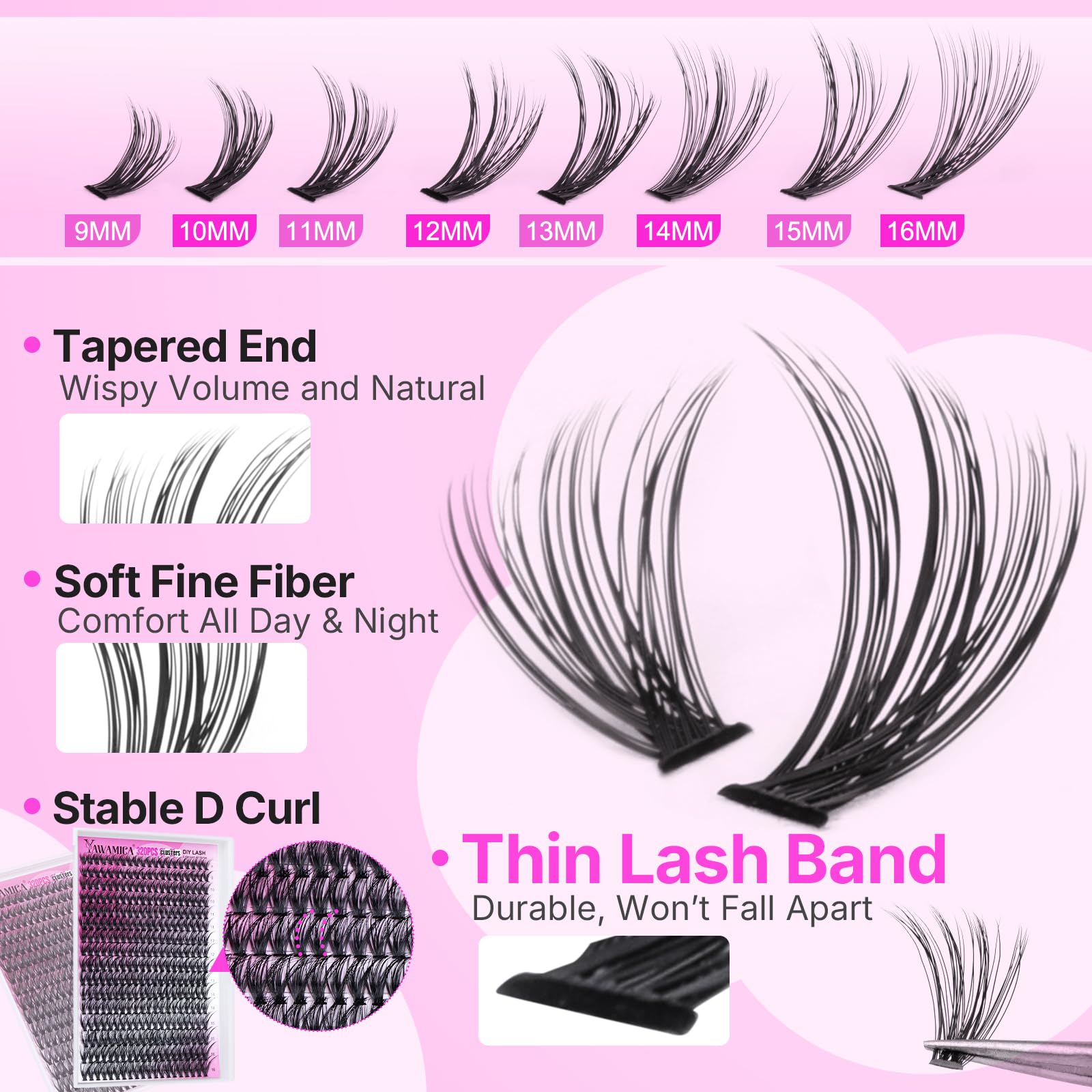 Yawamica Lash Clusters Kit 320pcs — DIY D-Curl Lashes 9-16mm with Bond, Seal & Tools