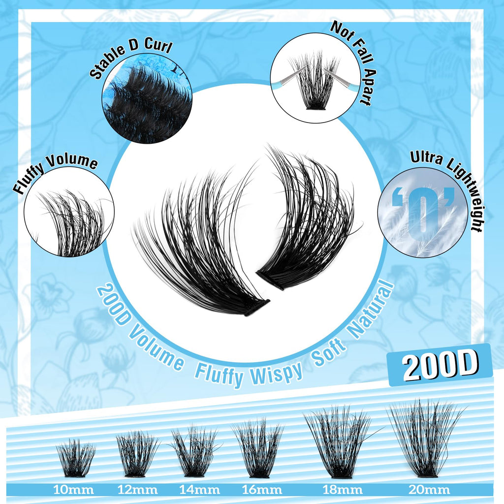 Yawamica Lash Clusters Kit 200D – Fluffy DIY Lash Extensions (10-20mm)