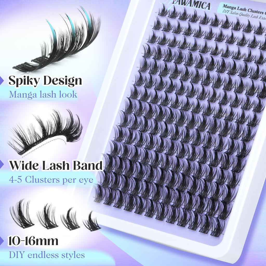 Yawamica Manga Lash Clusters Kit – DIY Anime Eyelash Extensions (10-16mm) with 2-in-1 Bond & Seal Tweezers