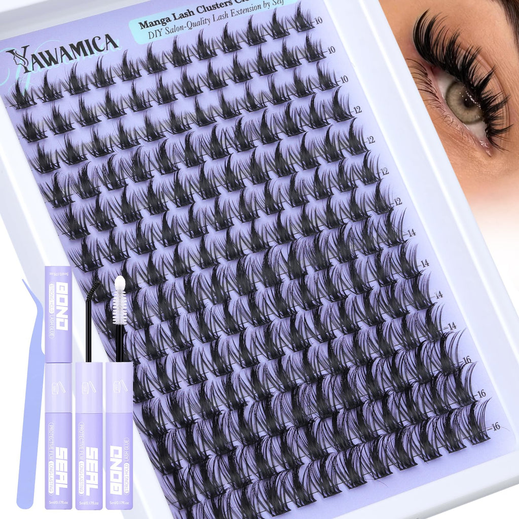 Yawamica Manga Lash Clusters Kit – DIY Anime Eyelash Extensions (10-16mm) with 2-in-1 Bond & Seal Tweezers