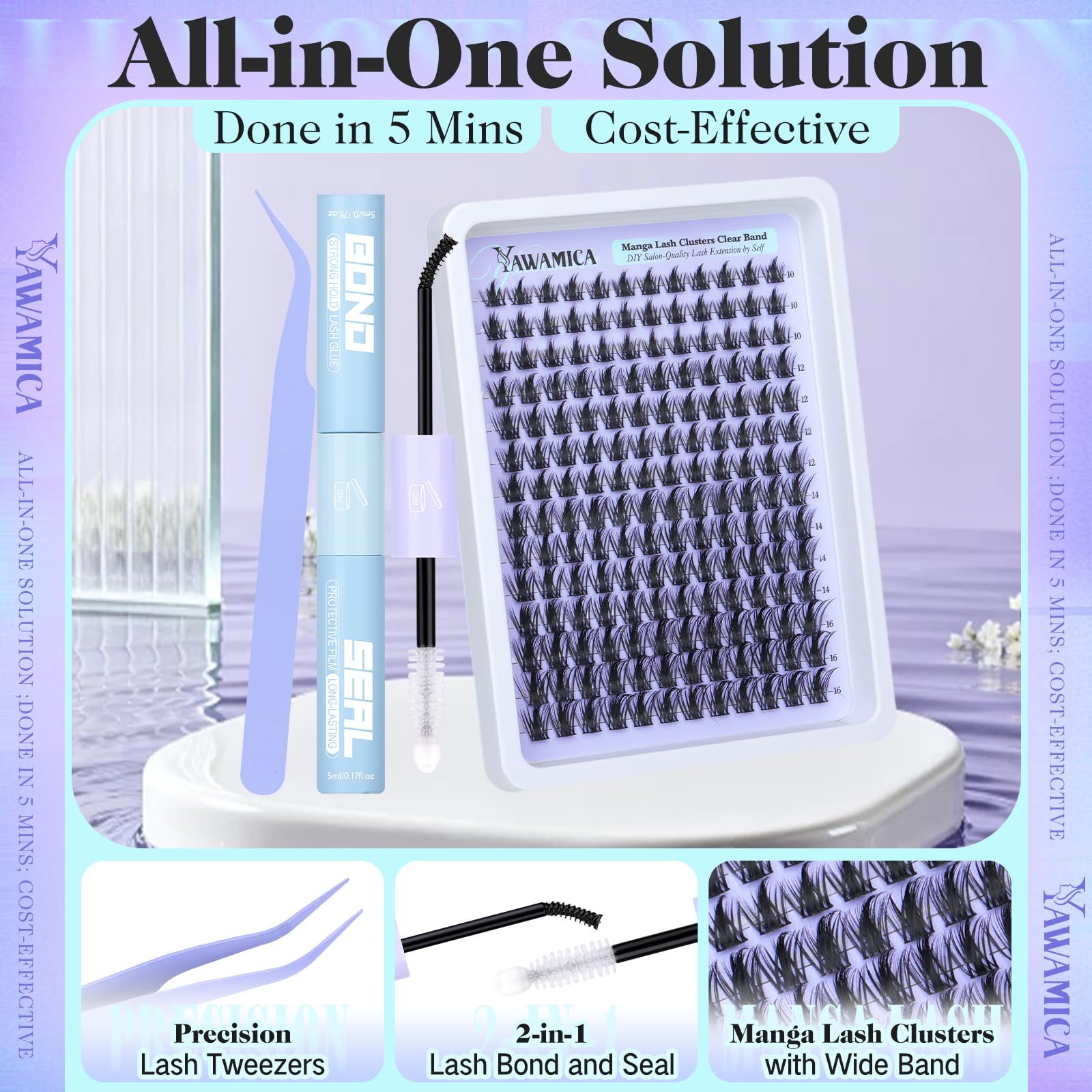 Yawamica Manga Lash Clusters Kit – DIY Anime Eyelash Extensions (10-16mm) with 2-in-1 Bond & Seal Tweezers