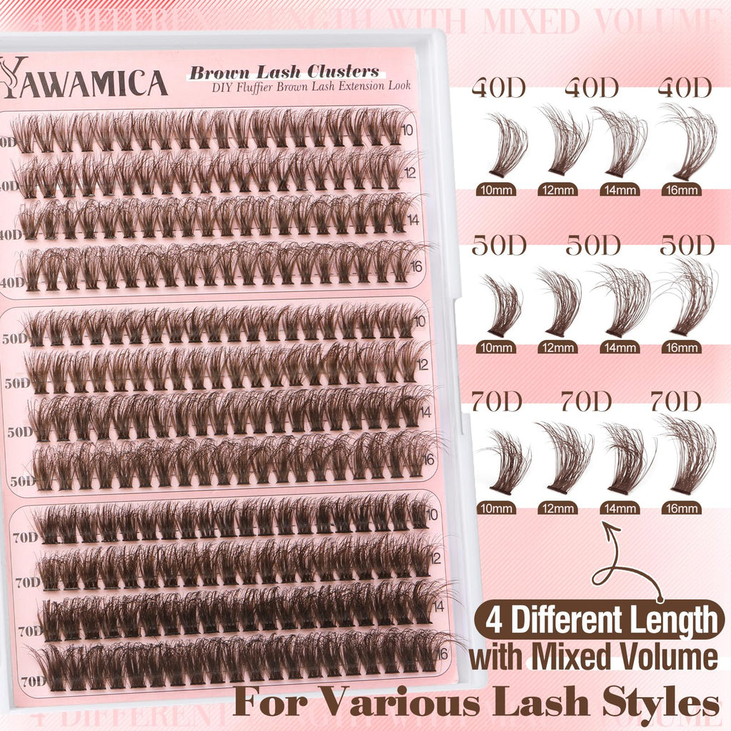 Yawamica Brown Lash Clusters Kit – DIY Fluffy Lash Extensions 10-16mm (40D-70D)