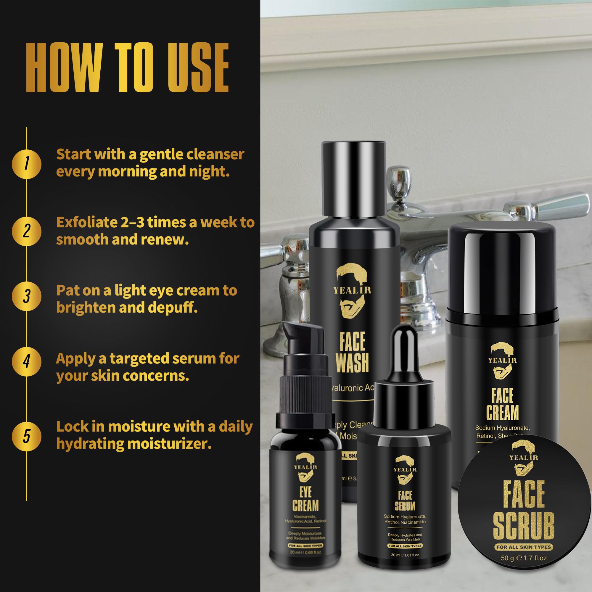 YEALIR Men's Anti-Aging Skincare Kit - Retinol & Hyaluronic Acid