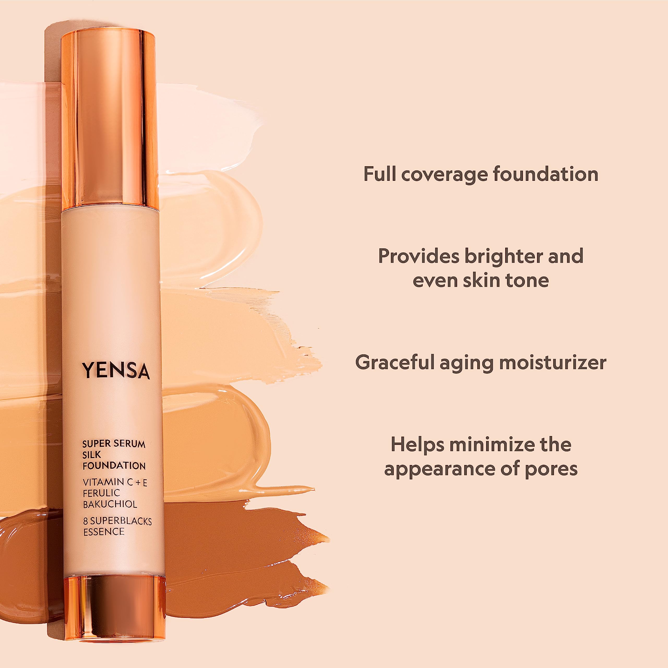 YENSA Serum Foundation - Super Silk Full Coverage with Peptides, Vitamin C & Ferulic Acid | Tan 3