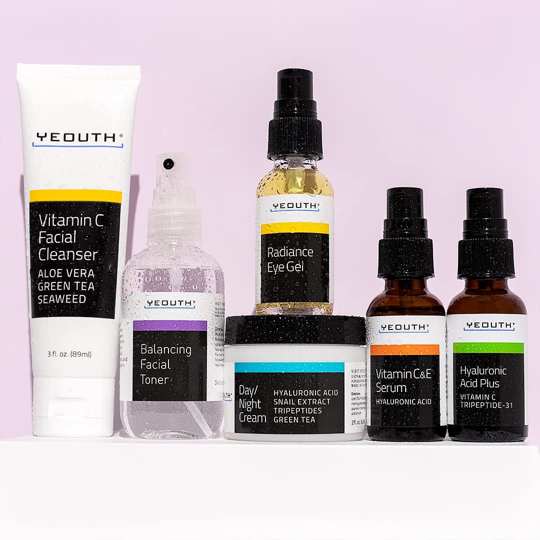 YEOUTH 6-Piece Skincare Kit: Vitamin C Cleanser, Toner, Serums, Eye Gel & Cream for Women & Men