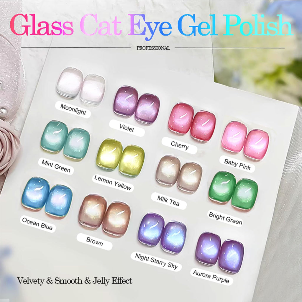 YEPYEPGO Glass Cat Eye Gel Nail Polish Set – 12 Colors with Magnetic Stick for Cat Eye Effects