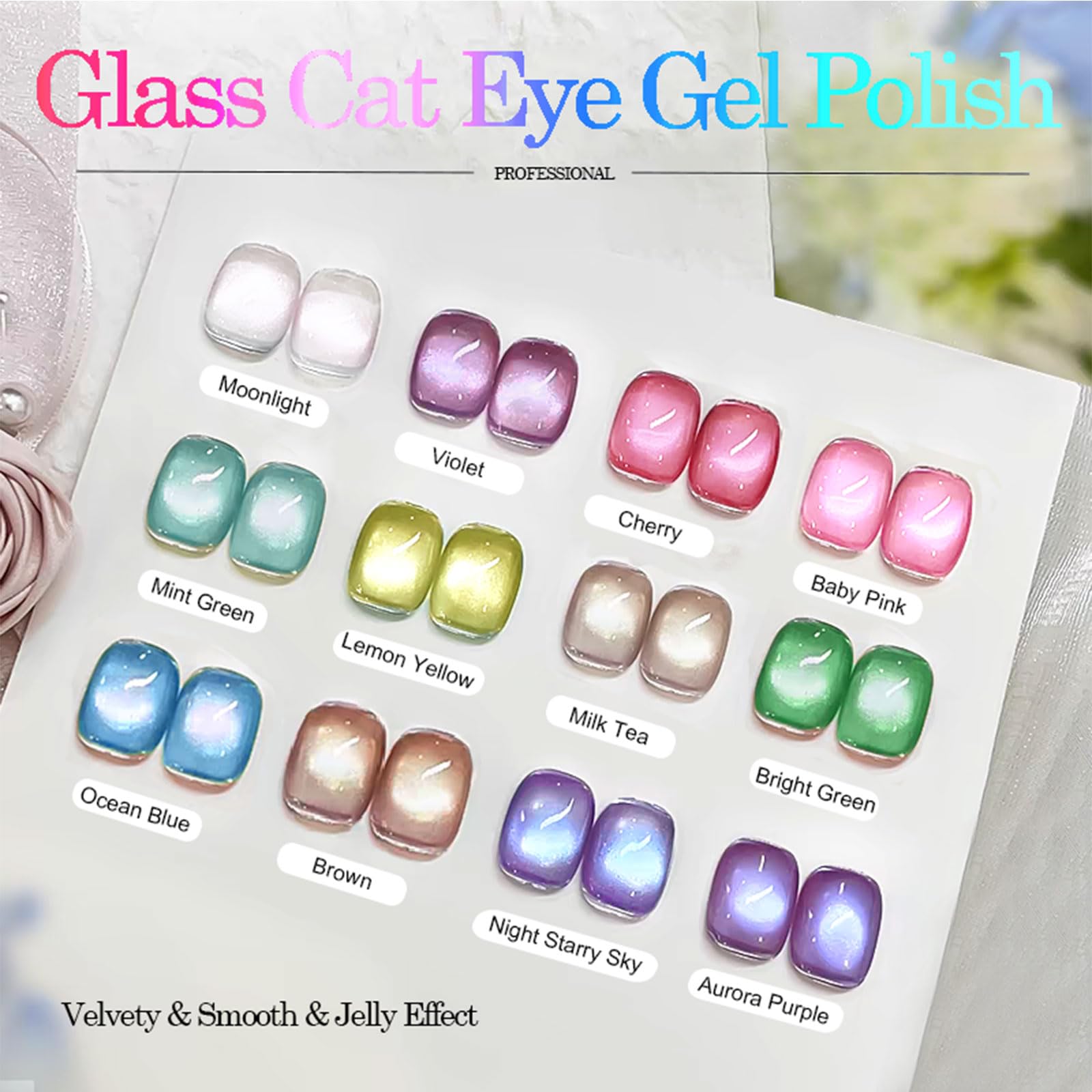 YEPYEPGO Glass Cat Eye Gel Nail Polish Set – 12 Colors with Magnetic Stick for Cat Eye Effects