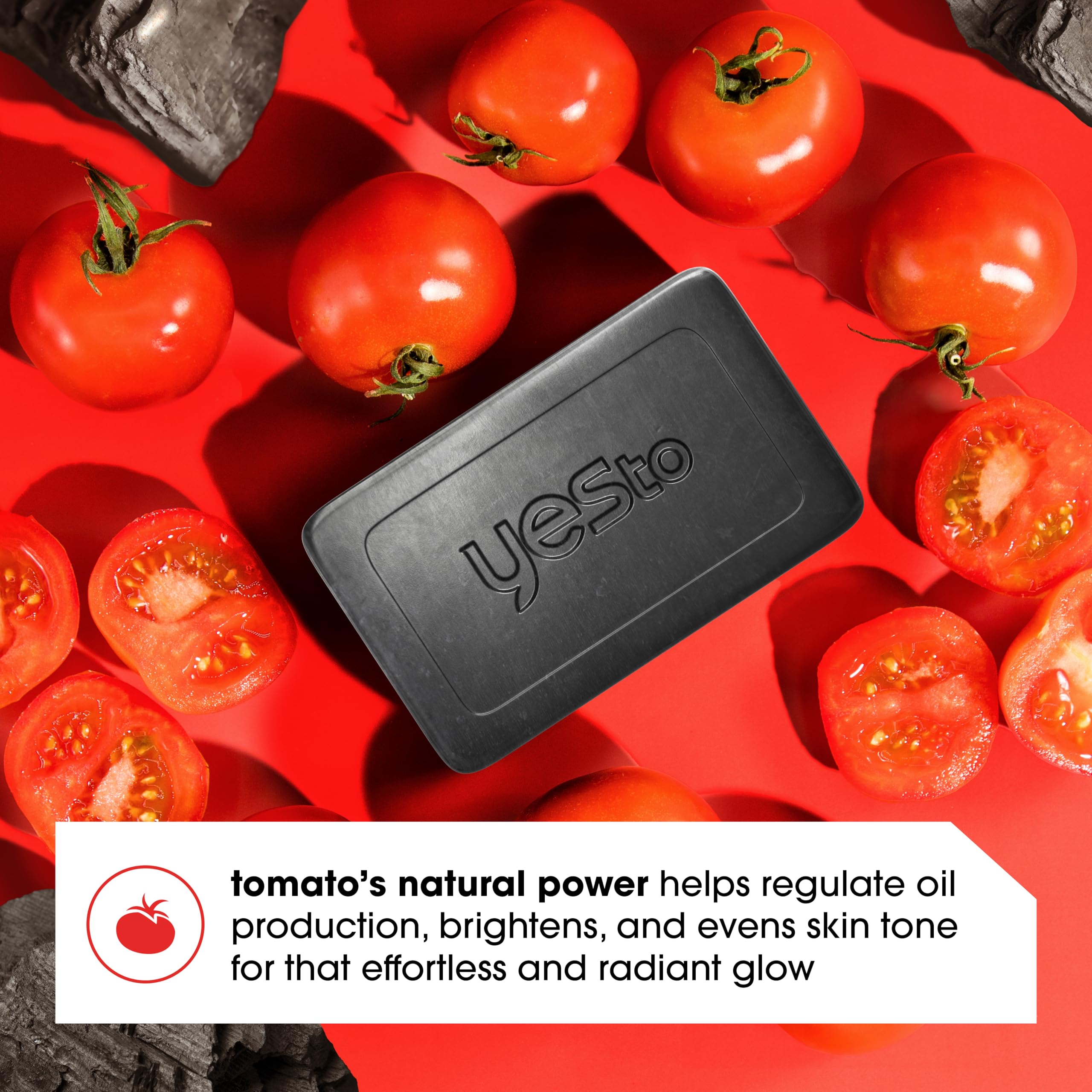 Yes To Tomatoes Charcoal Bar Soap with Tomato Extracts & Sunflower Seed Oil | Detoxifying Face & Body Soap – Paraben-Free, 6 oz, Pack of 3