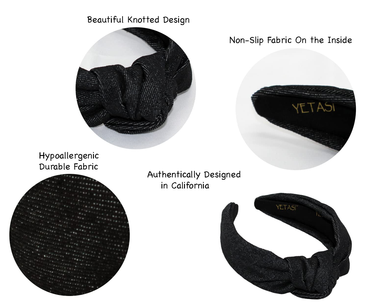 YETASI Black Denim Top Knot Headband for Women – Chic, Comfortable Denim Hair Accessory