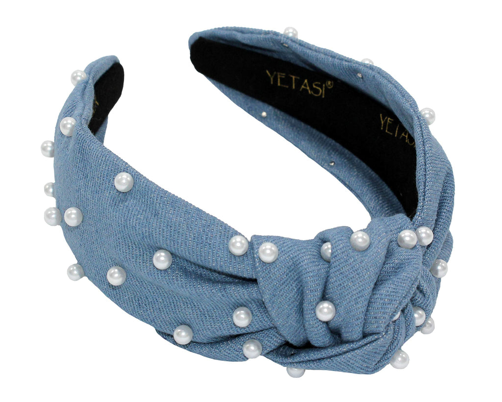 YETASI Denim Blue Pearl Knotted Headband – Soft Fabric Top Knot for Women