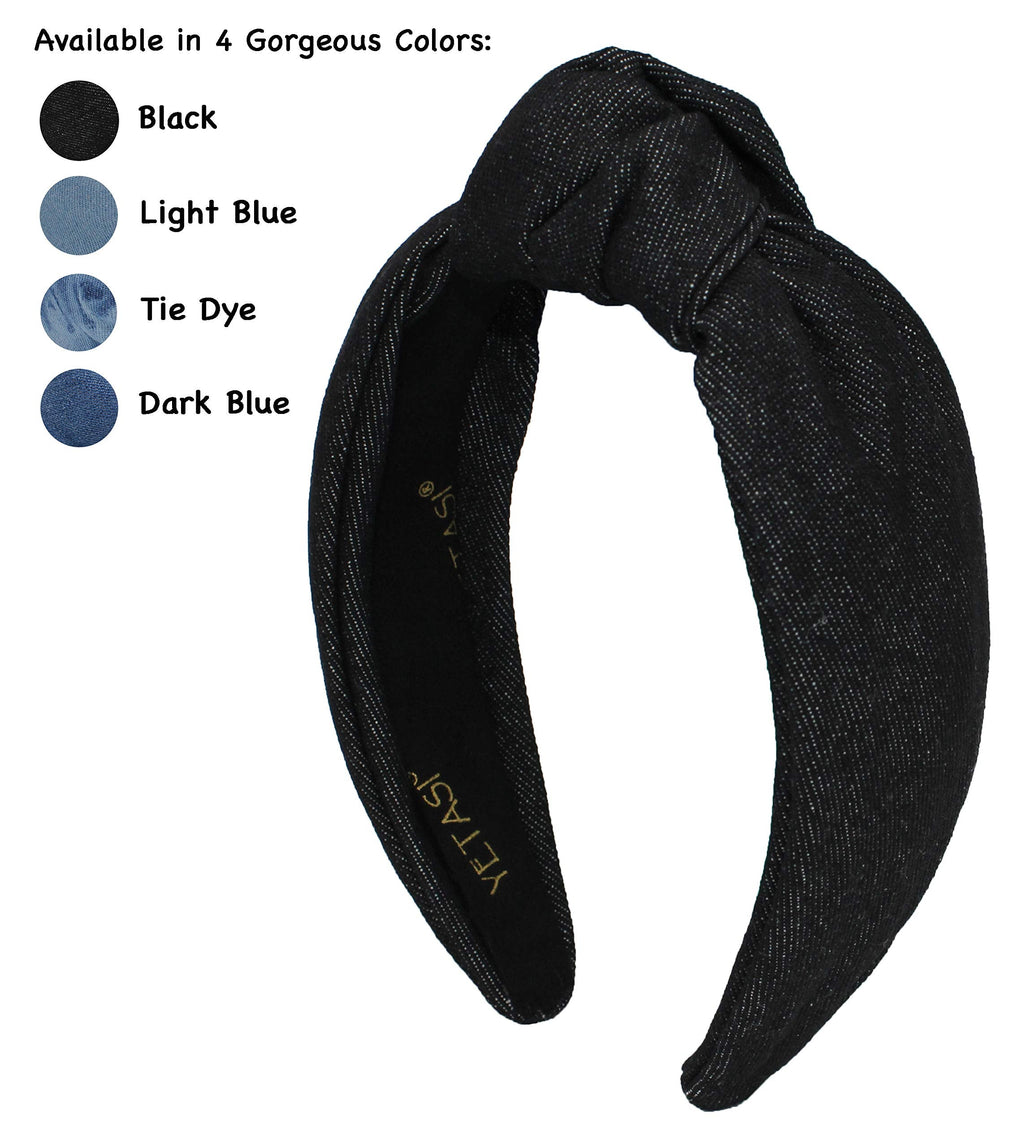 YETASI Black Denim Top Knot Headband for Women – Chic, Comfortable Denim Hair Accessory