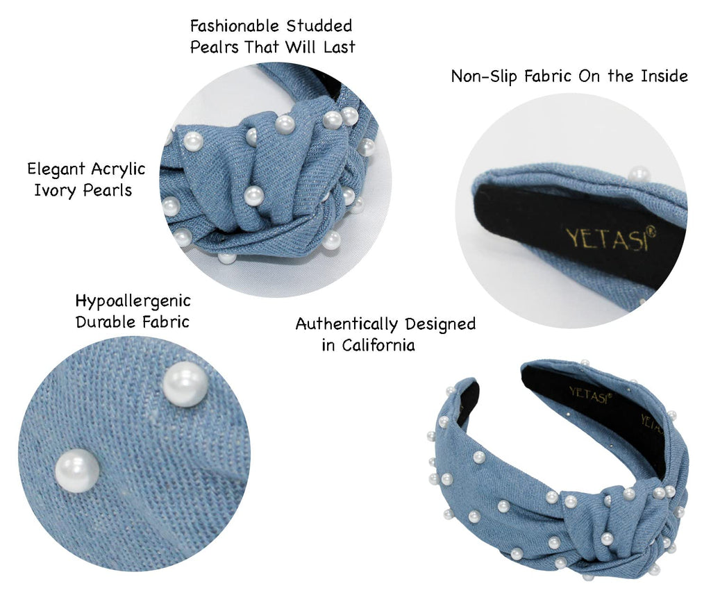 YETASI Denim Blue Pearl Knotted Headband – Soft Fabric Top Knot for Women